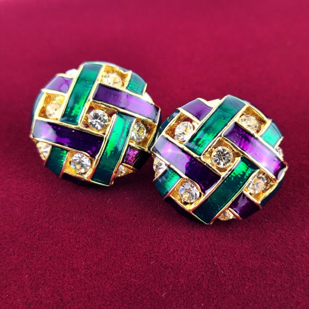 Vintage‎ Mardi Gras Harlequin Enamel Rhinestone Clip On Earrings Gold Tone